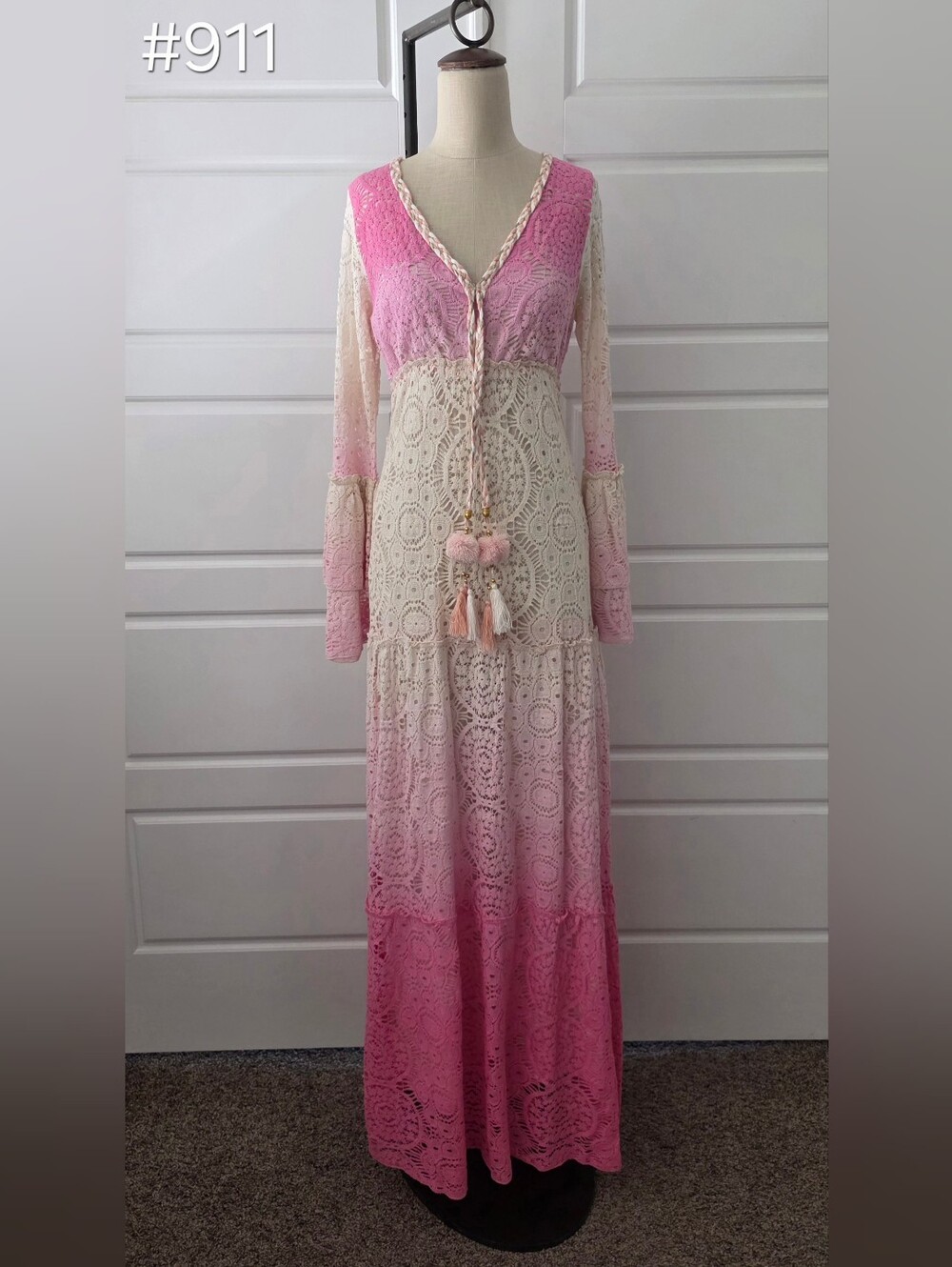 Pink & Cream Ombré Lace Boho Maxi Dress With Long Sleeves